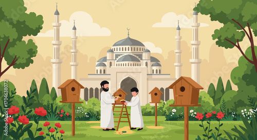 Two People Building Birdhouses In Garden With Large Mosque And Trees Under Sunny Sky In Flat Illustration