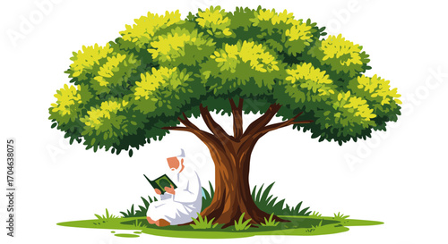 Elderly Man Reading Book Under Lush Tree With Green Foliage On Turquoise Background