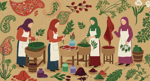 Flat Pixel Art Illustration Of Women Working At A Market Stall Displaying Herbs Spices And Plants