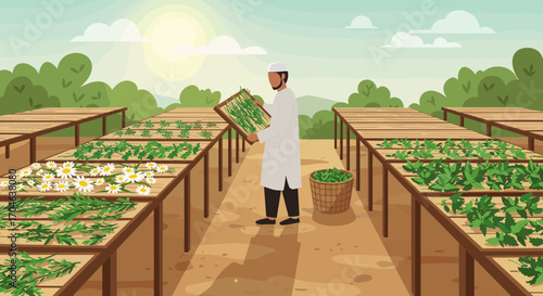 Farmer Harvesting Crops In A Sunny Field With Green Vegetation And Wooden Structures