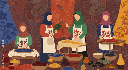Flat Illustration Of Women In Colorful Traditional Clothing Selling Goods At A Market With Fabric Backdrops and Variety Of Items Displayed In Baskets