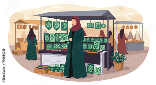 Arab Woman Standing By A Market Stall Displaying Goods in a Desert Landscape Flat Illustration