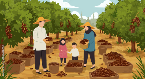 Family Harvesting Fruits From Orchard Trees In Rural Landscape With Pixelated Illustration Style
