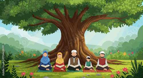 Pixelated Family Praying Under A Large Tree In Lush Green Field Reading Religious Books