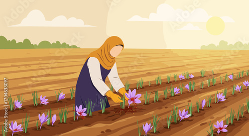 Woman Harvesting Saffron Crocus Flowers In Field Under The Sunlight Pixel Art Style