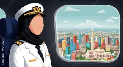 Pixelated Portrait Of A Female Pilot In Uniform Looking Out Plane Window Over Cityscape With Blue Skies And Cloud