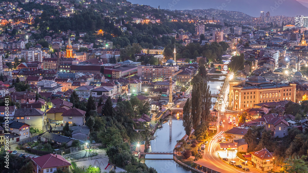 Fototapeta premium City view of Sarajevo from most popular panoramic spot in Sarajevo day to night timelapse.