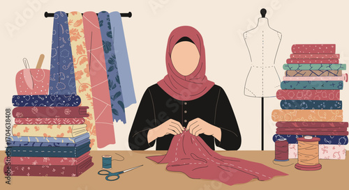 Flat Illustration Of A Woman Sewing Fabric At A Table Surrounded By Colorful Textiles And Tools In An Atelier Setting