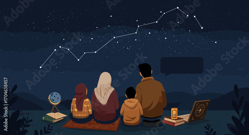 Family Watching Illuminated Stars At Night With Pixelated Illustration Style