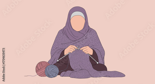 Flat Illustration of a Woman in Purple Hijab Knitting with Yarn on Pink Background