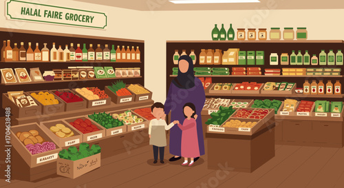 Flat Illustration Of Family Shopping At A Grocery Store With Variety Of Fruits Vegetables and Wooden Shelves