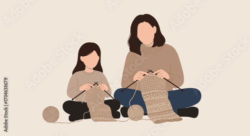 Two Women Knitting Together in Brown Outfits with Beige Background and Yarn Balls Flat Illustration