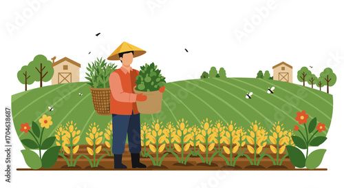 Farmer Carrying Plants In Baskets Across Fields With Crops Under A Cloudy Sky