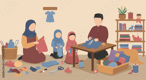 Family Sewing In Domestic Atelier Flat Illustration Of People Making Handmade Clothes In Beige Interior