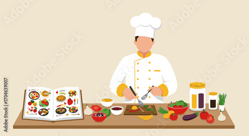 Chef Preparing Food With Fresh Ingredients On Wooden Table In Flat Illustration