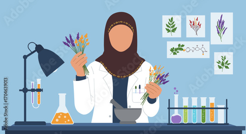 Scientist Woman in Lab Coat Holds Herbs with Test Tubes Mortar and Pestle on Blue Background Flat Illustration