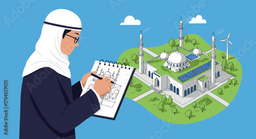 Architect In Arab Attire Reviews Green Energy Mosque Plan With Wind Turbines And Solar Panels Against Blue Sky Background