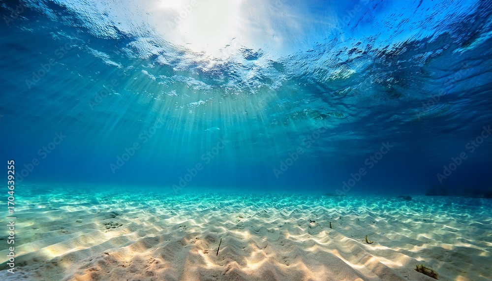 Obraz premium Bright Underwater Scene With Blue Water And Sun Rays Lighting Golden Sand On The Ocean Floor