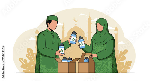 Flat Illustration Of Two People Giving Away Recycled Bottles In Front Of A Mosque In Green And Beige