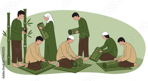Group of Muslim People in Green and Beige Attire Preparing Prayer Mats Near Bamboo Plants