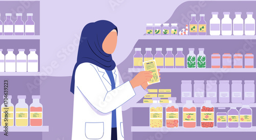 Pharmacist Inspecting Medication In A Pharmacy Store With Medicine Shelves In A Flat Illustration