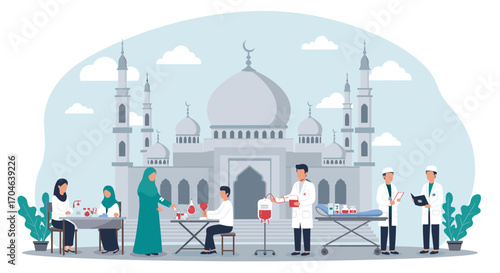 Flat Illustration Of Medical Professionals Providing Healthcare Services At A Mosque With Patients In The City Setting