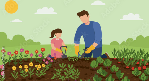 Father and Daughter Planting Flowers and Vegetables in a Garden Under Sunny Sky