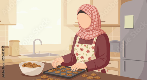 Woman in Apron Baking Cookies in a Kitchen with Brown Tones and Pixel Art Style