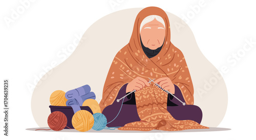 Elderly Woman Knitting With Yarn And Needles In A Flat Vector Illustration