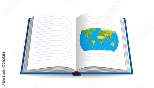 Open book with a world map inside
