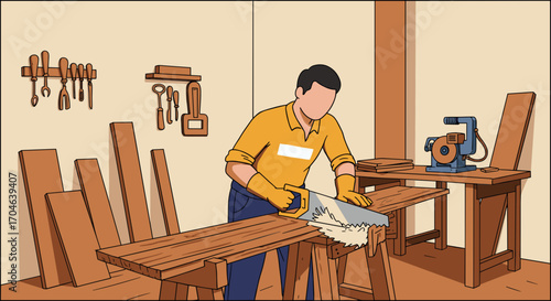 Carpenter sawing wood plank on a workbench in a flat illustration style with wooden tools and brown walls inside a workshop
