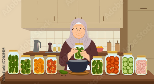 Woman Preserving Vegetables in Glass Jars on Kitchen Table Flat Illustration with Brown and Green Tones