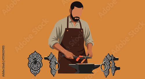 Pixelated Blacksmith Working At Forge With Hammer And Anvil On Orange Background