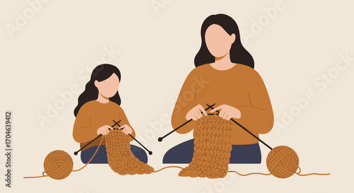 Flat Illustration Of Mother And Daughter Knitting With Brown Outfits And Beige Background