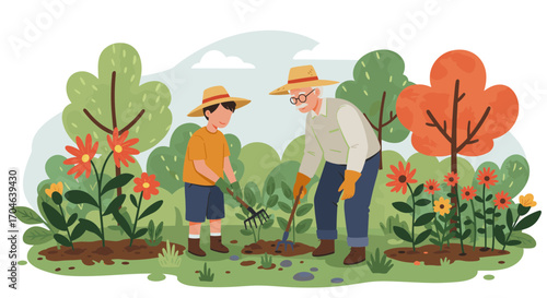 Family Gardening Together Flat Illustration Boy and Senior Man Digging in Soil Flowers and Trees Background Sunny Day