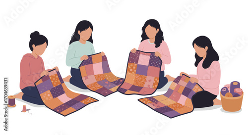 Group of Women Sewing Quilts Sitting on Floor with Colorful Patchwork and Sewing Supplies