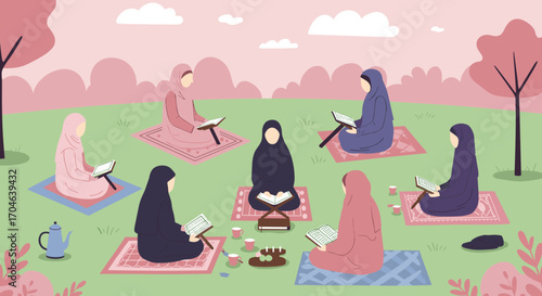 Group Of Muslim Women Studying Holy Book Outdoors On Colorful Mats With Teacups Surrounded By Trees In Pixel Art