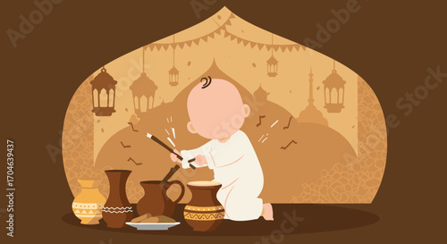 Flat Pixel Art Illustration Of A Baby In White Robes Playing With Pottery Decoration In A Brown Hued Arabian Themed Background