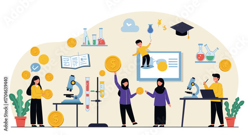 Flat Illustration Of Science Education Research Laboratory With Students Experimenting And Learning With Microscopes And Test Tubes
