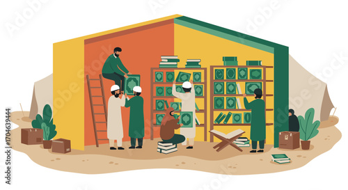 Muslim Clerics Arranging Books on Shelves inside a Simplified Building with Earth Tones Flat Illustration