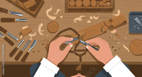 Artisan Hands Carving Wooden Object With Tools on Brown Wooden Table In Workshop