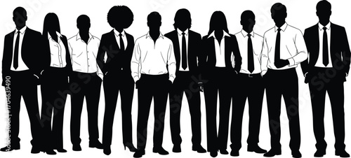 Diverse Business Team Silhouettes Standing Together, Professional Corporate Group with Men and Women Wearing Formal Office Attire Vector Illustration