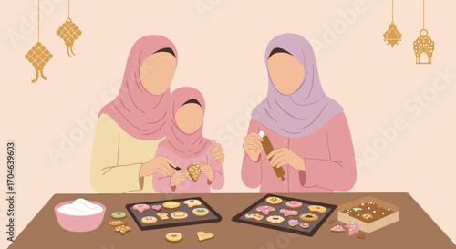 Muslim Family Baking Cookies Together in Pink Hijab at Home with Colorful Sweet Treats