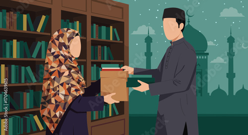 Flat Pixelated Illustration Of Muslim Man Giving Books To Woman At Library Scene