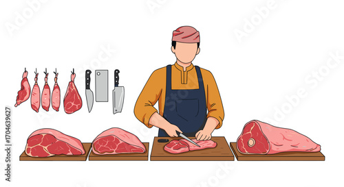 Butcher cutting halal meat on wooden board with various raw cuts and tools in flat illustration style