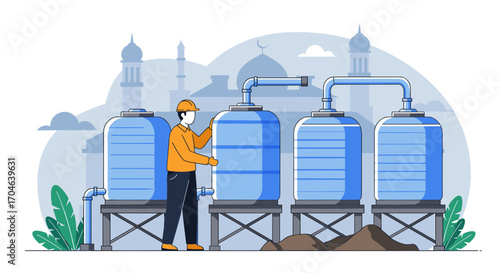 Engineer Inspecting Water Tanks In Front Of A Cityscape Flat Illustration With Blue And Brown Color