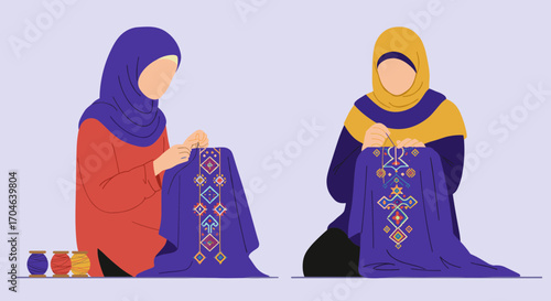 Two Women Crafts People Embroidering Fabric with Geometric Pattern in Flat Digital Illustration