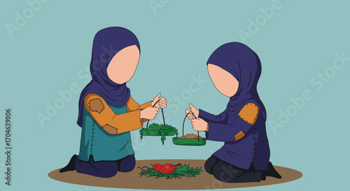 Two Muslim Girls In Hijabs Kneeling At Table With Colorful Clothing And Flat Pixelated Style