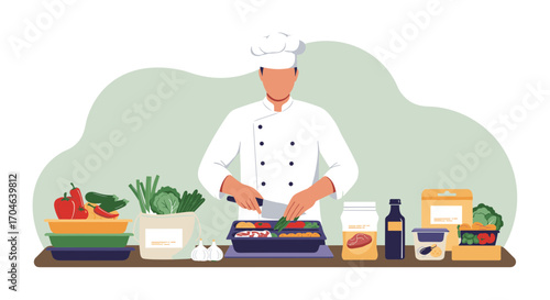 Chef Chopping Vegetables at Table with Various Foods Ingredients and Green Background Flat Illustration
