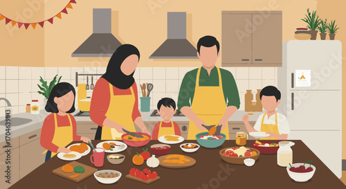 Family preparing food in the kitchen at home flat illustration yellow aprons cooking dinner indoor scene